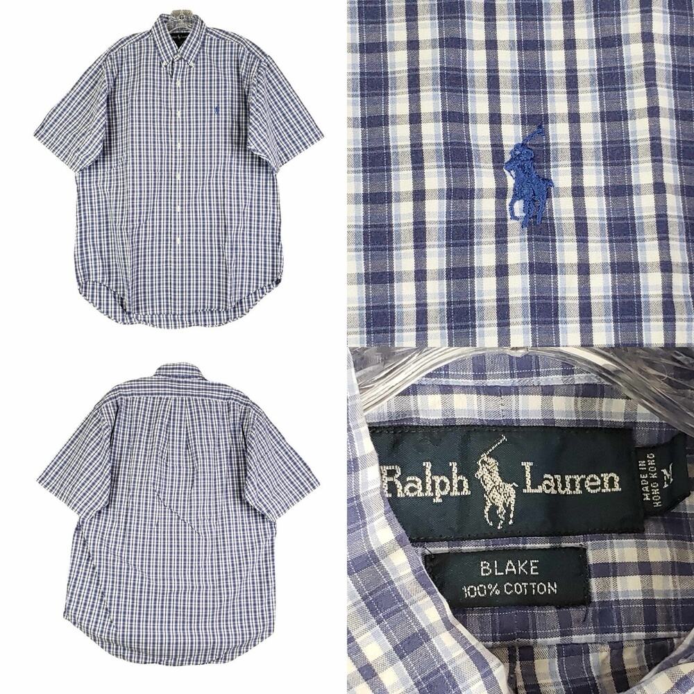 Polo Ralph Lauren Shirt Oxford Button Down SS Mens Size Medium Plaid Blake Blue